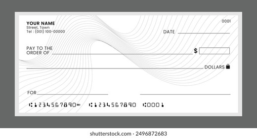 Blank bank check, checkbook cheque template, vector mockup. Money payment bank check voucher or pay cash cheque certificate, account bill paycheck.