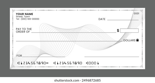 Blank bank check, checkbook cheque template or money payment paper voucher, vector mockup.