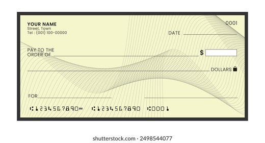 Cheque bancario en blanco. Plantilla de cheque de chequera. Documento de Vector con campos vacíos para información personal y financiera.