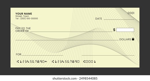 Blank bank check. Checkbook cheque template. Vector document with empty fields for personal and financial information.