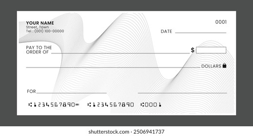 Cheque bancario en blanco, Plantilla de cheque de chequera o vale de papel de pago de dinero, maqueta. Vector