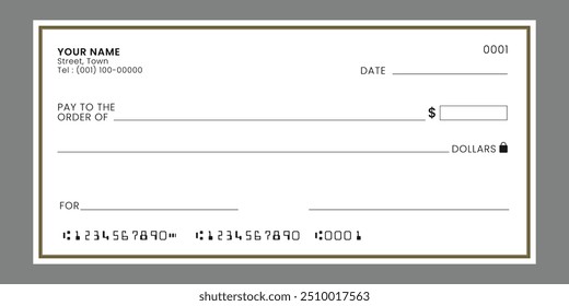 Blank bank check, checkbook cheque mockup template or money payment paper voucher. Vector