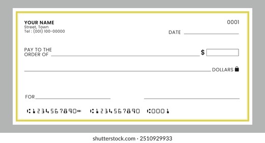 Blank bank check, checkbook cheque template or money payment paper voucher, vector mockup.