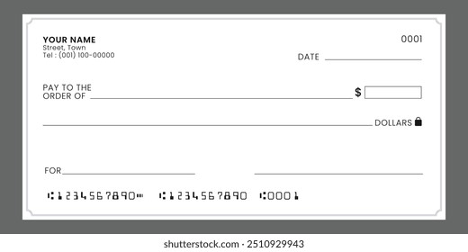 Cheque bancario en blanco, Plantilla de cheque de chequera o vale de papel de pago de dinero, maqueta de Vector.