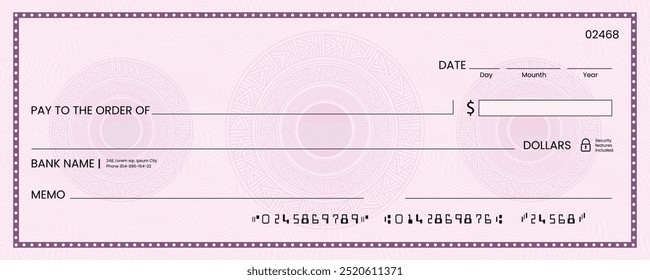 Cheque bancário em branco, modelo de cheque de livro de cheques ou voucher de papel de pagamento em dinheiro, maquete de vetor. Certificado de cheque de pagamento à vista comercial ou pessoal ou cupom de cheque de pagamento do talão de cheques