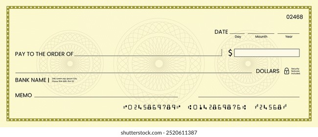 Blank bank check, checkbook cheque template or money payment paper voucher, vector mockup. Business or personal account cash pay cheque certificate or paycheck coupon from checkbook