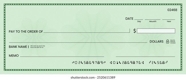 Cheque bancário em branco, modelo de cheque de livro de cheques ou voucher de papel de pagamento em dinheiro, maquete de vetor. Certificado de cheque de pagamento à vista comercial ou pessoal ou cupom de cheque de pagamento do talão de cheques