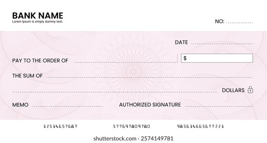 Blank bank check, checkbook cheque template or money payment paper voucher, vector mockup. Business or personal account cash pay cheque certificate or paycheck coupon from checkbook