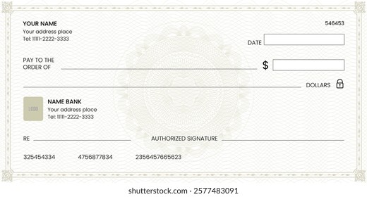 Blank bank check, checkbook cheque template or money payment paper voucher, vector mockup. Business or personal account cash pay cheque certificate or paycheck coupon from checkbook