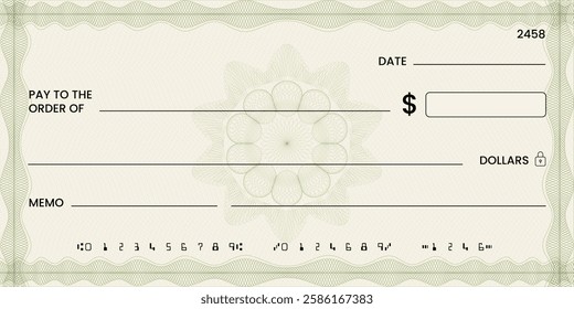 Blank bank check, checkbook cheque template or money payment paper voucher, vector mockup. Business or personal account cash pay cheque certificate or paycheck coupon from checkbook