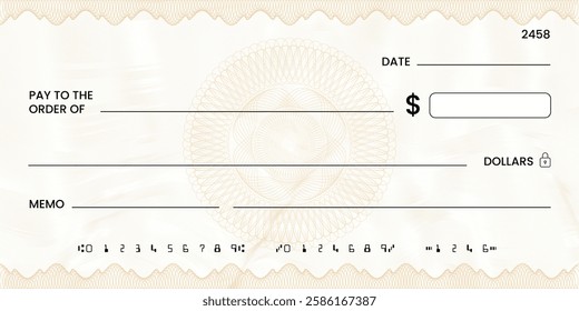 Blank bank check, checkbook cheque template or money payment paper voucher, vector mockup. Business or personal account cash pay cheque certificate or paycheck coupon from checkbook