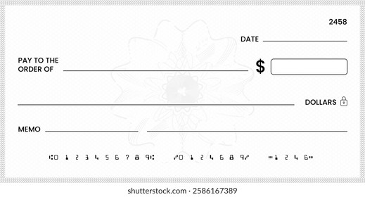 Blank bank check, checkbook cheque template or money payment paper voucher, vector mockup. Business or personal account cash pay cheque certificate or paycheck coupon from checkbook