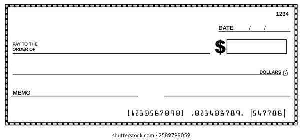 Blank bank check. Checkbook cheque for dollars template with white background. Money payment bank check voucher or pay cash cheque certificate. Blank money cheque. EPS vector illustration