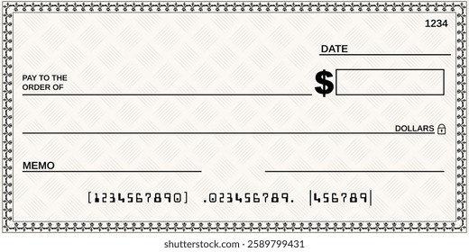 Blank bank check. Checkbook cheque for dollars template with guilloche pattern and fields. Money payment bank check voucher. cash cheque certificate. Currency payment coupon. EPS vector illustration
