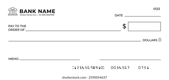 Blank bank check. checkbook cheque template, Money payment bank check voucher or pay cash cheque certificate, account bill paycheck.