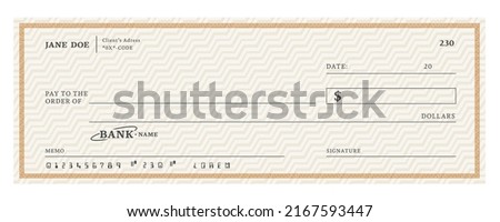 Blank bank check, checkbook cheque template or money payment paper voucher, vector mockup. Business or personal account cash pay cheque certificate or paycheck coupon from checkbook