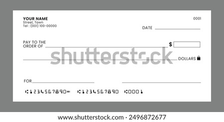 Blank bank check, checkbook cheque template, vector mockup. Money payment bank check voucher or pay cash cheque certificate, account bill paycheck.