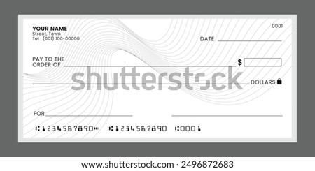 Blank bank check, checkbook cheque template, vector mockup. Money payment bank check voucher or pay cash cheque certificate, account bill paycheck.