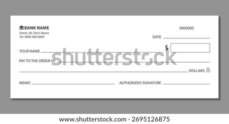 Blank bank check, checkbook cheque. Blank financial check template. Editable check design for transaction