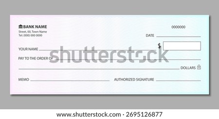 Blank bank check, checkbook cheque. Blank financial check template. Editable check design for transaction