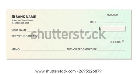 Blank bank check, checkbook cheque. Blank financial check template. Editable check design for transaction