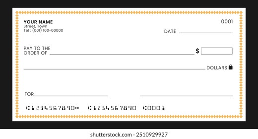 Blank bank check, checkbook, vector mockup. Bank payment check or money voucher and cash pay cheque certificate.