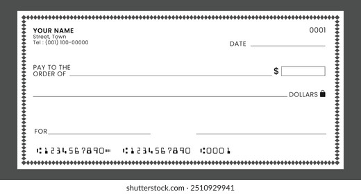 Cheque bancario en blanco, chequera, maqueta de Vector. Cheque de pago bancario o vale de dinero y certificado de cheque de pago en efectivo.
