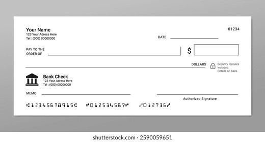 Blank bank check. Editable check template for financial use. Money payment bank check voucher or pay cash cheque certificate. Account bill paycheck.