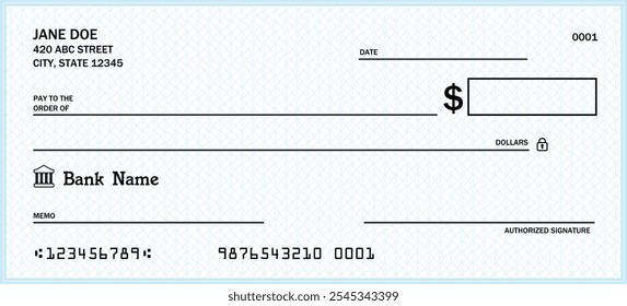 Blank bank check. Generic American cheque template vector design.