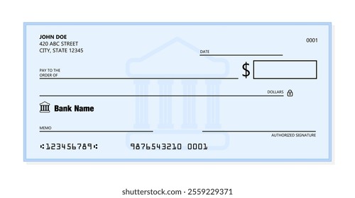 Blank bank check. Generic American cheque template vector design.