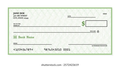 Blank bank check. Generic American cheque template vector design.