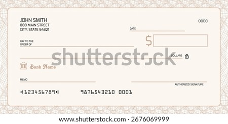 Blank bank check. Generic American cheque template vector design.