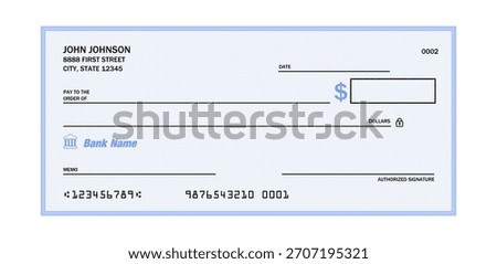 Blank bank check. Generic American cheque template vector design.