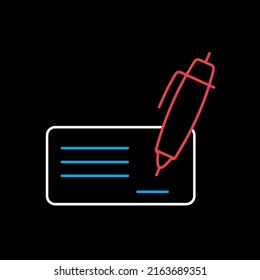 Blank Bank Check With Pen And Signature Icon Isolated On The Black. E-commerce Sign. Graph Symbol For Your Web Site Design, Logo, App, UI. Vector Illustration, EPS10.