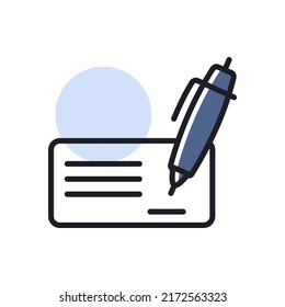 Blank Bank Check With Pen And Signature Icon. E-commerce Sign. Graph Symbol For Your Web Site Design, Logo, App, UI. Vector Illustration, EPS10.