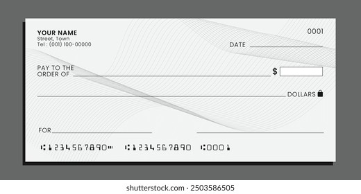 Blank bank check. Personal desk check template with empty field to fill. Checkbook cheque template. Vector.