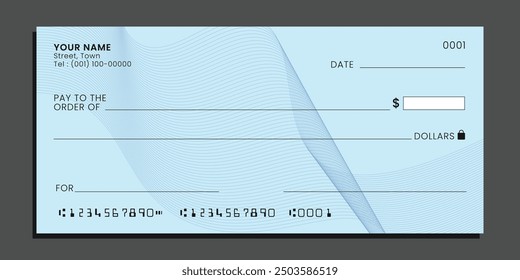 Blank bank check. Personal desk check template with empty field to fill. Checkbook cheque template. Vector.
