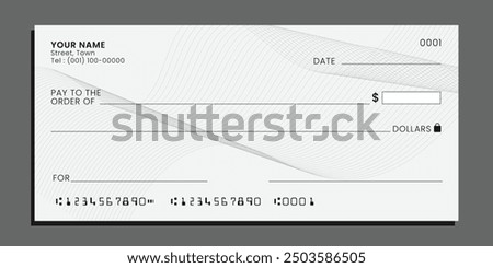 Blank bank check. Personal desk check template with empty field to fill. Checkbook cheque template. Vector.