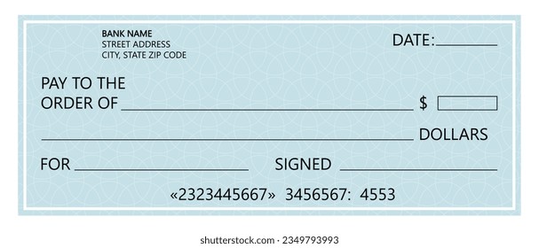 Blank bank check template. Checkbook check page with an empty fields to fill