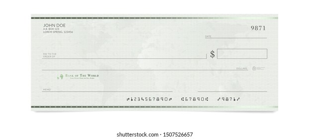 Blank bank check template. Fake cheque page mockup