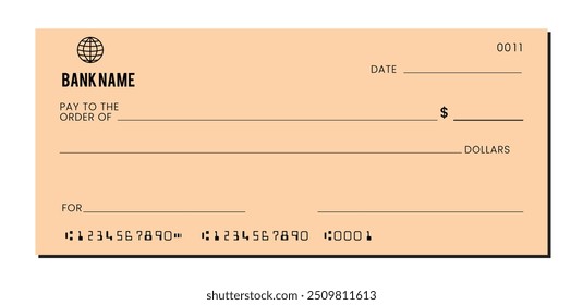 Blank bank check template. Fake cheque page mockup