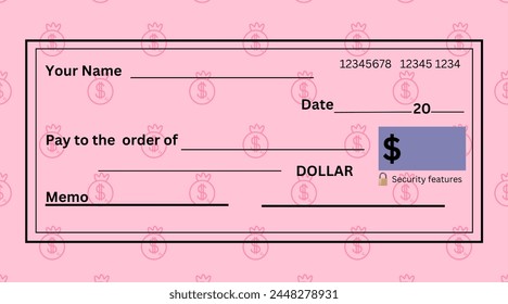 Blank bank check, check template,  mockup. Money payment bank cheque, check voucher, dollar check.