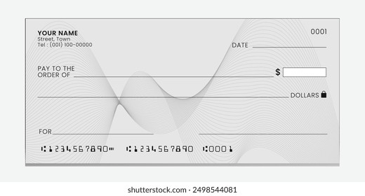 Blank bank cheque.  Check template with empty field to fill. Banknote, money design, currency, bank note, voucher, gift certificate, money coupon vector.