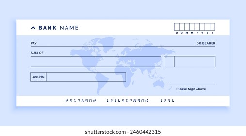 blank bank cheque paper mockup with worldmap design vector