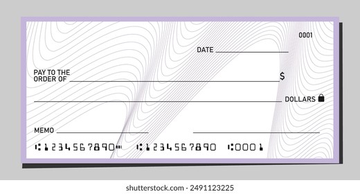 Blank bank cheque paper template mockup with wave line pattern design. Vector