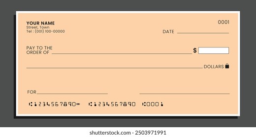 Cheque bancario en blanco. Campo vacío de Plantilla personal de talonario de cheques para rellenar. Vector