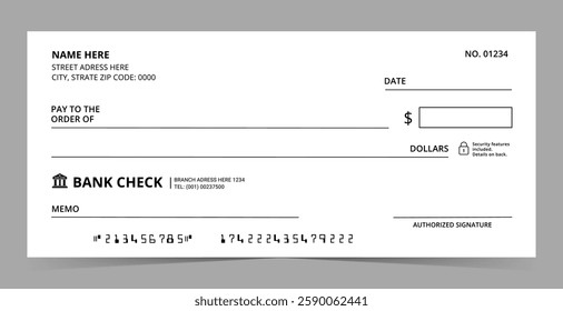 Blank bank cheque. Professional bank check layout for payment. Business or personal account cash pay cheque certificate or pay check coupon from check book