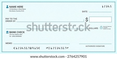 Blank bank cheque. Professional bank check layout for payment. Business or personal account cash pay cheque certificate or pay check coupon from check book, money check