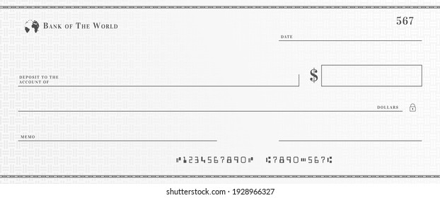 Blank bank cheque template. Check from checkbook.