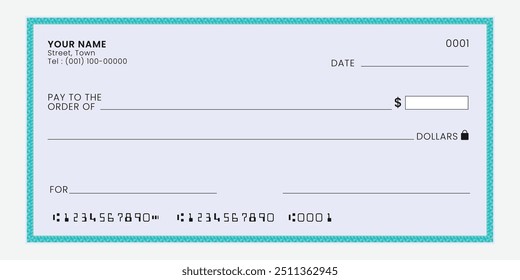 Plantilla de cheque bancario en blanco. Cheque de chequera para pago en efectivo o cupón. Vector